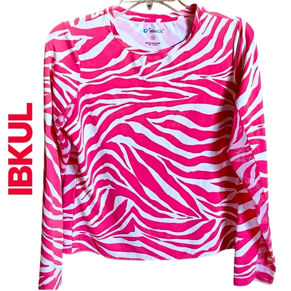 IBKUL UPF 50+ Shirt Pink White Animal  Print Long Sleeve Round Neck Top Sz M - Picture 1 of 10
